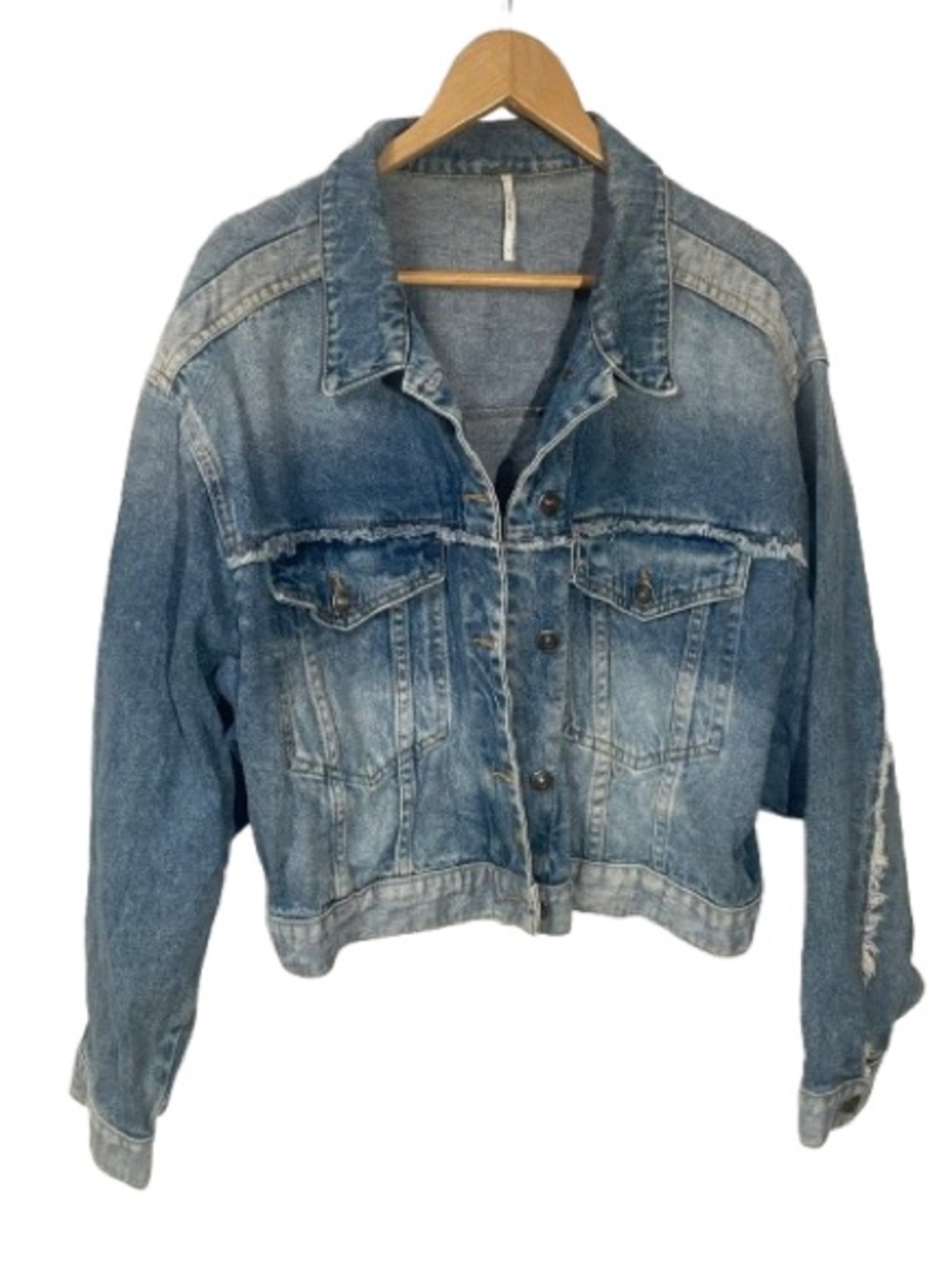 Free People Jacket Denim Women’s Large Cropped Distressed Blue Boho Fall Jean